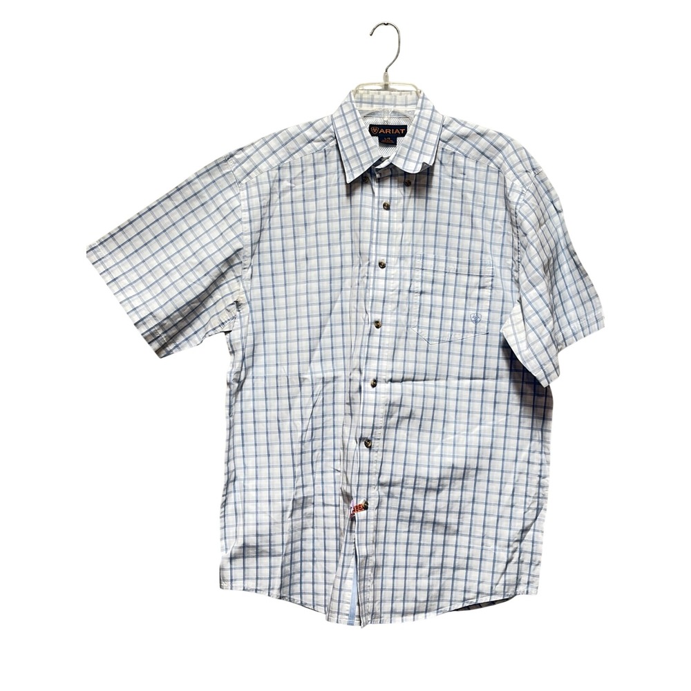 Ariat Mens Blue White Plaid Short Sleeve Western Button Down Shirt Large